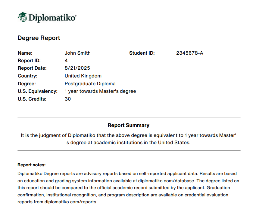 Degree report sample